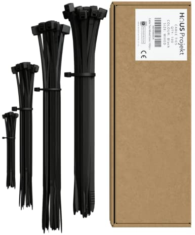 Haus Projekt Cable Ties 100 Pack Black, Mixed Size Assorted Zipties, 100/200mm x2.5, 300x3.6/4.8, Cable Management Tidy, Heavy Duty Plastic Zip Tie Wraps, Garden Cable Ties, Small Long Wire Organiser