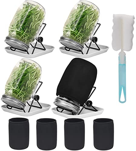 Tarro de germinación de semillas, 4 tarros de albañil de apertura ancha con tapas de germinación de acero inoxidable 304, 1000 ml, con bandeja, soporte, tela de sombreado y cepillo, brotes de semillas