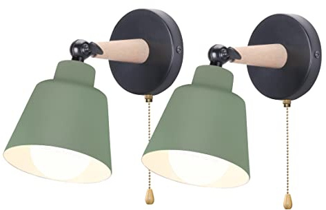 iDEGU 2er Set Wandleuchten Innen Retro Wandlampe aus Holz und Metall mit Schalter Verstellbar Wandspot Moderne Wandleuchte für Schlafzimmer Flur Eingang Wohnzimmer (Matt Olivgrün)