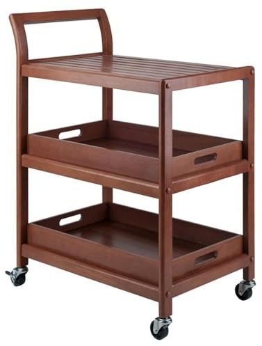 Pemberly Row Transitional Solid Wood Bar Cart, Walnut Finish, 33.27H x 24.8W x 15.98D, 2 Removable Serving Trays, Slatted Shelf, Rolling Casters with Locking Wheels, Kitchen, Dining, or Patio Use