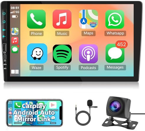 2G+64G Double Din Car Radio Android Car Stereo with Carplay Android Auto, Rimoody 9 Inch Touch Screen 2 Din Car Stereo with GPS Navigation Bluetooth FM RDS WiFi USB Type-C AHD Backup Camera