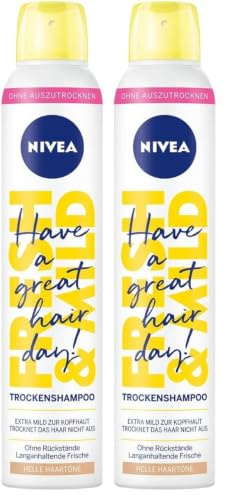 NIVEA Trockenshampoo Fresh & Mild (200 ml), extra mildes Trockenshampoo Spray für helle Haartöne mit angenehmem Duft, Trockenhaarshampoo für sofortige Frische (Packung mit 2)
