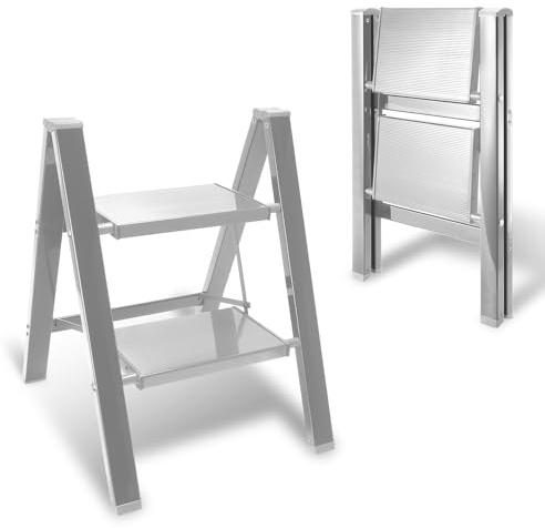 Yakimz Escabeau Pliable en Aluminium à 2 marches avec Large pédale antidérapante, capacité de 150 kg, échelle Pliante Portable pour Le Bureau à Domicile, Petit et Compact