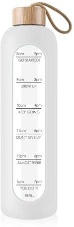 Gourde en verre de 1 litre avec marqueurs de temps – Bouteille d'eau en verre étanche avec couvercle en bambou pour le sport, les loisirs, 1 000 ml – Réutilisable – Étui en silicone – Bouteille en