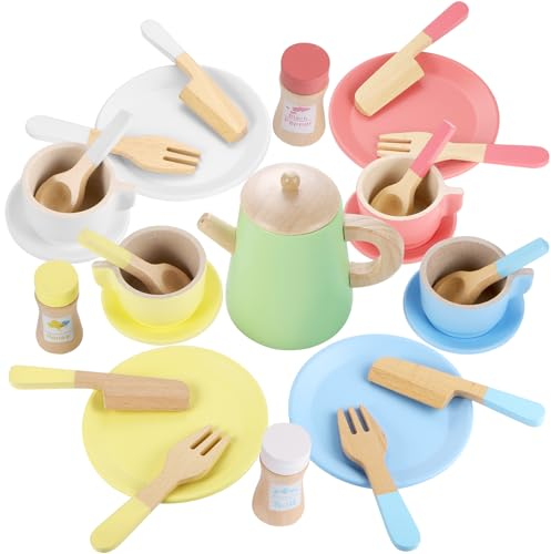 GAGAKU Kinder Geschirr-Set aus Holz, Spielküchen-Zubehör mit Teller und Besteck, mit Holzständer