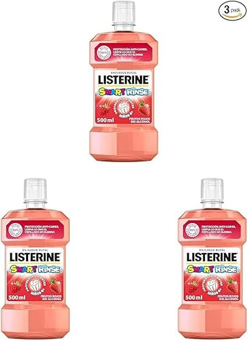 Listerine Enjuague Bucal Sin Alcohol para Niños, Smart Rinse, Sabor Frutos Rojos, Protección Anti Caries, Con Flúor, 500 ml (Paquete de 3)