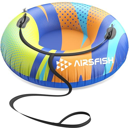 Airsfish Inflatable Snow Tube with Towable Leash, 47 inch Snow Sled Heavy-Duty Cover Wear-Resistant & Anti-Freeze Material Sledding Tubes for Winter Sports for Kids Adults