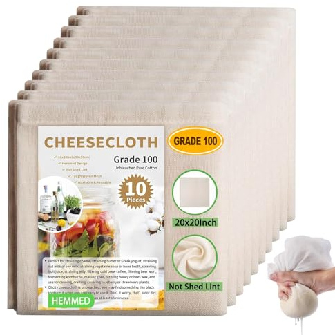 Paquete de 10 paños de queso para colar, paños de muselina para cocinar, paño de queso, bolsas de muselina reutilizables, hornear, estopilla para hornear jugos, hacer queso (50 x 50 cm)