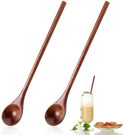 Ouligay 2 Stück Langstieliger Holzlöffel, 20cm Holzlöffel Set Langgriff Wooden Spoon Langen Honiglöffel Holz Löffel Lange Kaffeelöffel für Kaffee Honig Tee Suppen Kochen (Dunkelbraun)