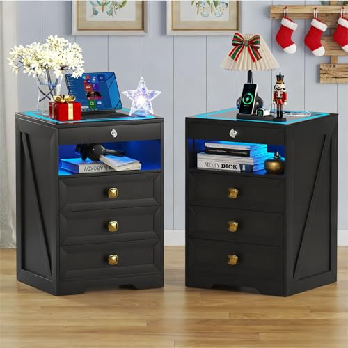 Gurexl Set of 2 LED Bedside Table with Hidden Drawer, Glass Top Bedside Table with Wireless Charger Station, LED Night Stand with Human Sensor Design, Modern End Table for Bedroom Living Room (Black)