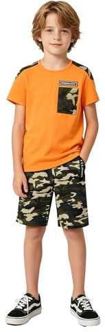 LOLANTA Completo tuta mimetica per bambini, felpa a 2 pezzi e pantaloni cargo, Arancione corto, 10-11 anni, 150