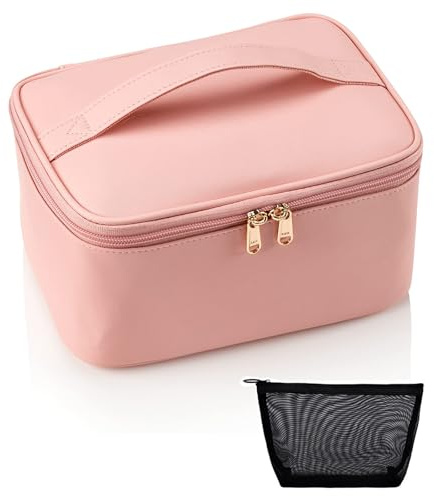 Groß Kosmetiktasche, Make up Tasche, Reise Schminktasche, Leder Tragbare Kulturbeutel, Cosmetic Bag mit Griff & Teiler, Wasserdicht Kosmetiktasche für Damen