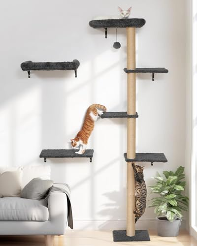 FUKUMARU Mensole per Gatti da Parete, Set di Mobili per Gatti a Muro Stabile 3-in-1, Colonna Tiragraffi da Parete con Piattaforma Morbida e Cuscino, Parete per Arrampicata Salvaspazio.Grigio