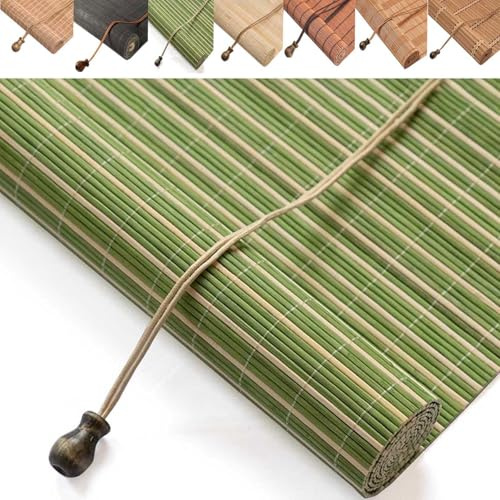 Outdoor Bamboo Blinds for Porch Bamboo Roll Up Shades 50 60 70 80 90 100 110 120 130 140 150 160cm Blackout Roller Shades Cordless with Lifter Roman Windows Shades for Sunroom Privacy(Green)