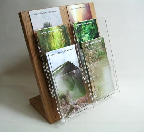LINLAY Intarsien & Gravuren 11x21 DIN-Lang DL Tisch 6 platzsparende Einsätze Flyerhalter Holz Eiche Prospektständer Flyerständer Prospekthalter Postkarte