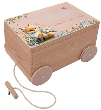 Kidsmood - Spielzeugwagen, personalisiert mit Namen – Spielzeugkiste zum Ziehen, Holzkiste mit Deckel, Aufbewahrungsbox für Baby Spielzeuge, Tolle Erinnerungskiste Baby, Geschenk zur Geburt & Taufe