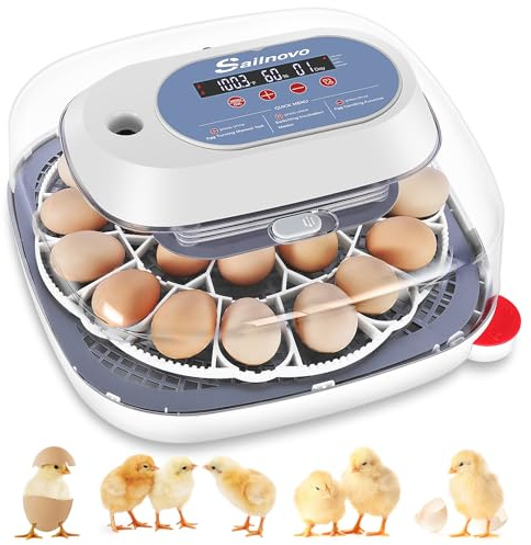 Sailnovo 24 Eggs Incubator for Chicken Eggs with 4 Modes, 360° View Incubator with Automatic Egg Turning and Temperature Control Humidity Display, Digital Incubator for Chicken Quail Duck(Sky Blue)