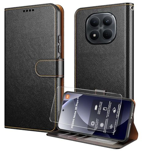 WQRTYJK Funda para Xiaomi Redmi Note 15 Pro Plus+ 5G con 1 * Vidrio Templado Protector de Pantalla, Protección RFID, Ranuras para Tarjetas, Función de Soporte Magnética y Billetera Caso - Negro