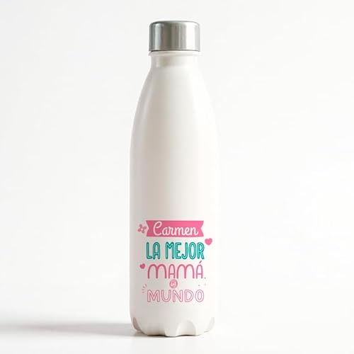 Botella térmica personalizada con nombre para Mamá, de acero Inoxidable color blanco, tapa de rosca. (distintos colores a elegir en la inicial)