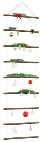 Ziaphsol Väggdekoration i stege av naturträ, 50 x 150 cm, 9 grenar, hamparep, för fönsterbräda och vardagsrum, säsongsdekoration för advent, krubba och vinterby
