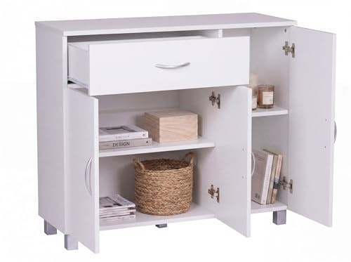 FineBuy Sideboard SETE 90x30x75 cm Weiß mit Schublade und 3 Türen | moderne Kommode für Schlafzimmer, Esszimmer und Flur, Anrichte mit Stauraum, Schränkchen mit Ablagefläche