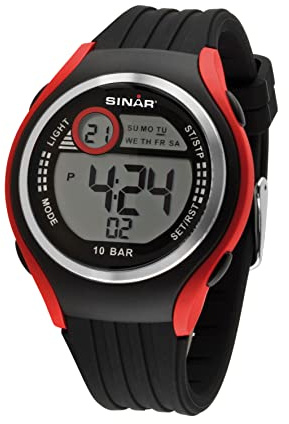 SINAR Jungen Armbanduhr Jugenduhr Sportuhr Outdoor digital 10 bar mit Silikonband und Licht Schwarz Rot Silber XF-66-4