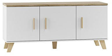 Mirjan24 Kommode Lotta II 150 3D im skandinavischen Stil, Anrichte, Mehrzweckschrank, Wohnzimmerschrank, Sideboard, Schrank, Wohnzimmer (Brilliant Weiß + Eiche Sonoma)