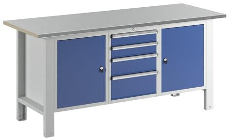 eurokraft | Werkbank | Baukastensystem | Plattenbreite 1850 mm | 4 Schubladen | 2 Türen | Stahlblechbelagplatte