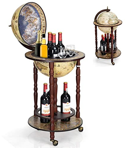GOPLUS Mappamondo Bar Porta Bottiglie Scaffale per Vino in Modello Mappamondo Vintage Artistico, Supporto Robusto di Legno, con 3 Ruote 88x44,5x44,5cm