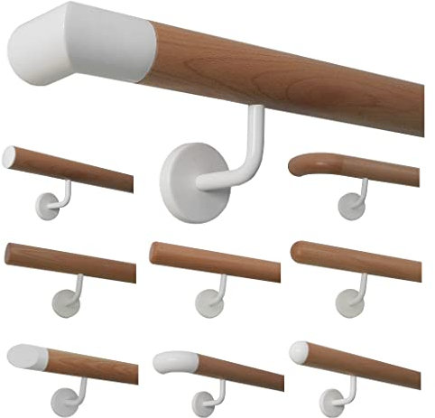 TIBU Buche Holz Handlauf Geländer weiße Edelstahl Halter 30-500cm Wandhandlauf Wand Treppe, Länge 380 cm mit 5 Halter und Endenweiße Ecken
