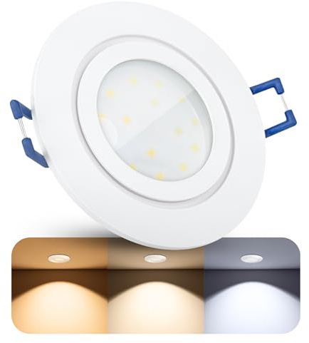 SSC-LUXon RW-2 Bad Einbaustrahler rund weiß IP44 4W 3 Lichtfarben | Bad-Deckenspot rund weiß matt spritzwassergeschützt IP44 - warm / neutral / kalt, nur 35mm tief, Leuchtmittel wechselbar