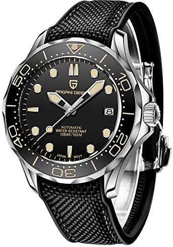 Pagani Design 007-Model Automatic Diving Watches for Men NH35 Movement, Stainless Steel Materials, Rotating Ceramic Bezel, Sapphire Domed Mirror, 100M Waterproof Mechancial Self Winding Wrist Watch