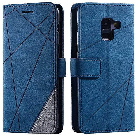 SONWO Hülle für Samsung Galaxy A8 2018, Premium Leder PU Handyhülle Flip Case Wallet Silikon Bumper Schutzhülle Klapphülle für Galaxy A8 2018, Blau