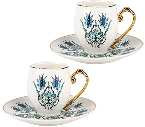 Set da caffè Karaca Iznik per 2 persone, 2x tazzina da espresso e 2x piattino, Demitasse robusta, bordo spesso per bere, Tazze da espresso, Set da espresso in porcellana