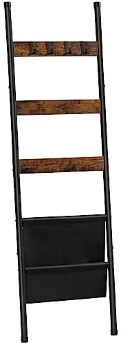 HOOBRO Blanket Ladder, 5 Tier Towel Rack, 17.3 L x 63 H, Wall-Leaning Blanket Rack for Living Room, Decorative Ladder with 4 Hooks and Magazine Pocket, Rustic Brown BF32CJ01