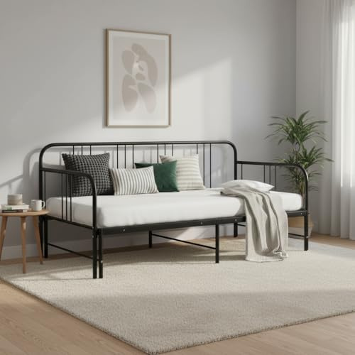 Canditree Metall Tagesbett Bettsofa Ausziehbares Bett Metallbett Ausziehbett Couchbett Für Schlafzimmer, Wohnzimmer (Schwarz)