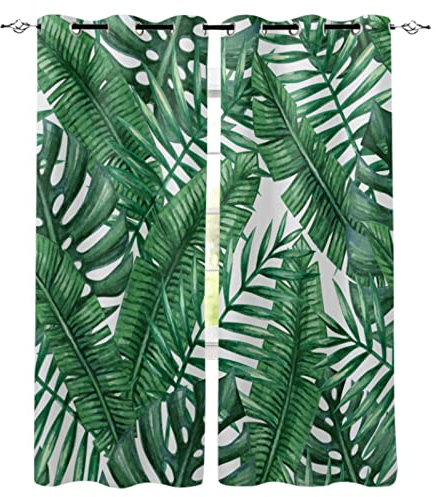 QLCUY Verdunkelungsvorhang Kräuselband Grünpflanze Tropischer Dschungel Kinder Gardinen Blickdicht Ösen Gardine Thermo Polyester Kinderzimmer Vorhänge Dekoratives Muster Européen 140 x 160 cm