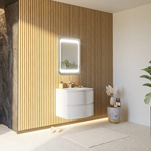 Kiamami Valentina - Mobile Bagno Curvo Sospeso | 70CM con Cassetti | Specchio LED 60x80 | Moderno e Lineare | Bianco Lucido, Resina
