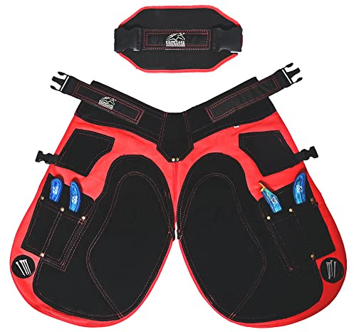 Equine Care Red Forge Pro Farrier Schürze Chaps: 73,7 cm Länge Rindsleder Wildleder & Segeltuch, Air Mesh, 4 Messertaschen, 2 Nagelmagnete, Rückenstütze (71,1 cm bis 132,1 cm) für Huf, Hufschneiden