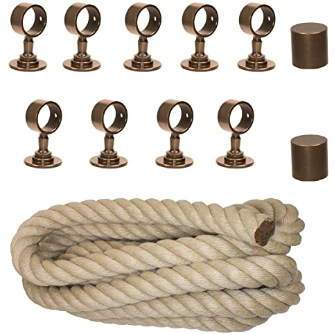 Handlaufseil-Set Ø 30 mm – 9 m Polyhanf-Seil „Nature Touch“ naturfarben mit 2 Endkappen & 9 Seilträgern, bronziert | Treppe & Geländer
