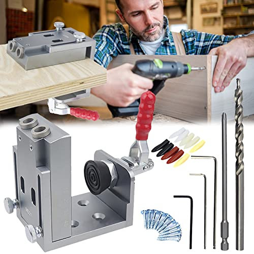 Pocket Hole Jig Set, 4 in 1 Taschenloch Bohrschablone Taschenloch Dübelfräse Werkzeug Bohrer Set Bohrhilfe Schrägloch Bohrhilfe Schräg Bohrvorrichtung 10 Schrauben 10 Taschenlochstopfen 1 Bohrer