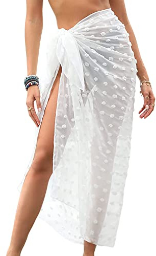 Jupe Sarong Paréo Long Wrap de Plage de Femme Chiffon Robe de Plage pour Bikini Maillot de Bain Vacances Blanc Translucide