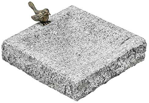 Dehner Vogeltränke eckig, mit Bronze-Vogel, 30 x 30 x 7 cm, Granit, grau