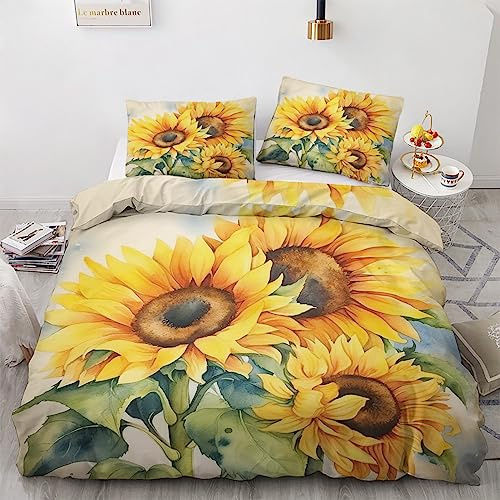GEDAEUBA Sommer Bettwäsche 135x200 Sonnenblumen - Gelbe Blumen Bettbezug 135 x 200 2er Set, Wendebettwäsche und Kissenbezug 80x80, Weiche & Atmungsaktive Mikrofaser Bettwäsche-Sets mit Reißverschluss