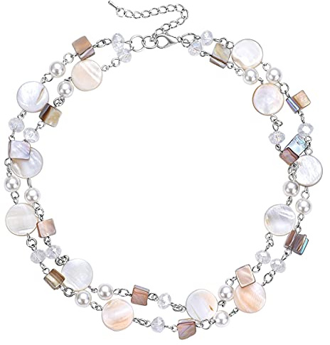 FULU AUTUMN Kristall Perlenkette Boho Muschelkette Damen Statement Bunte Mehrreihige Halskette Modeschmuck Geschenke für Fraue