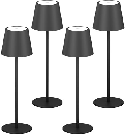K-Bright 4 Stück LED Dimmbare Akku Tischlampe Kabellose 36.5cm Schwarz | 3000K Warmes Licht led Tischlampe aus Aluminium, IP54 Wasserdichte Tischleuchte mit USB-C Für Esstisch, Bartheke, Camping