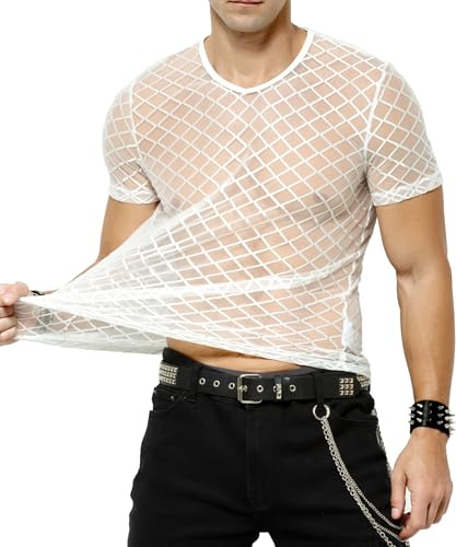 Casey Kevin Maglia Trasparente Uomo Rete - Intimo Sexy Uomo - Mesh Fishnet T-Shirt - Uomo Vedere Attraverso Camicia Party