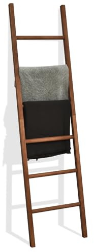FUIN 6ft Wooden Brown Blanket Ladder Living Room Decorative Wall Leaning Farmhouse Quilt Display Holder Rustic Wood Towel Rack for Bathroom