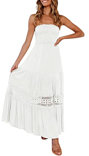 Robe Bustier Femme Soiree Chic Mariage invité Robe Longue Femme ete Boheme Simple Maxi Robe de Plage Femme Dos Nu Fluide sans Manches Robe Vintage Femme Retro uni Casual Vacances (White, M)