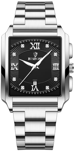JewelryWe Square Tank Luminous Watches: Men Silver Black Tank Business Date Waterproof Analogue Quartz Rectangular Big Face Stainless Steel Wristwatch